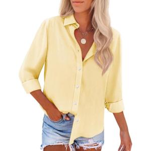 imageWomens Button Down Shirts Cotton Dress Shirt Stretch Oxford Shirt Long Sleeve Boyfriend Collared Wrinkle Free Blouse TopYellow