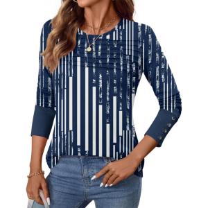 imageWomens Long Sleeve Shirts Dressy Casual Tunic Tops Basic Fall Fashion Trendy Outfits for Business Blouses Work ClothesNavy Blue White Stripes