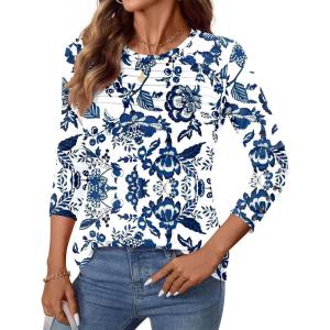 imageWomens Long Sleeve Shirts Dressy Casual Tunic Tops Basic Fall Fashion Trendy Outfits for Business Blouses Work ClothesVintage Blue Flowers
