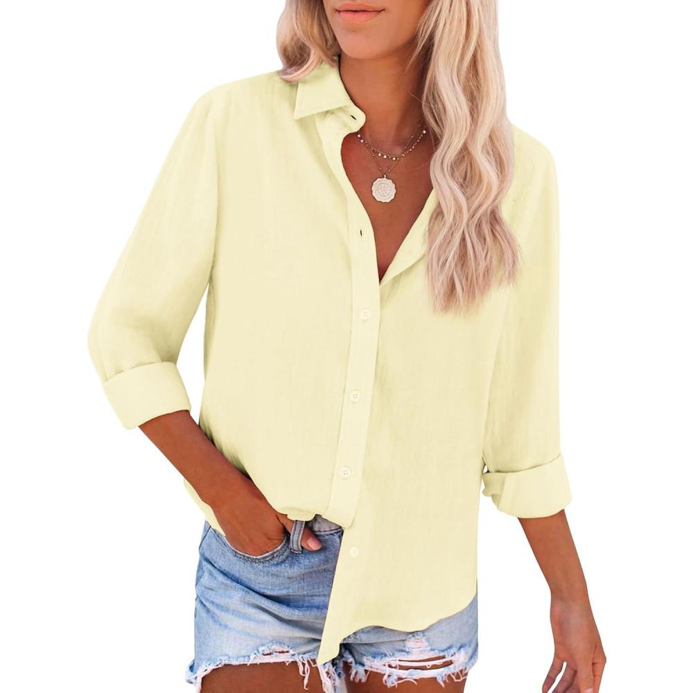 imagesiliteelon Button Down Shirts for Women Dress Shirts Long Sleeve WrinkleFree Blouse Casual Solid Office Work Tunic TopA Oxford Butter Yellow