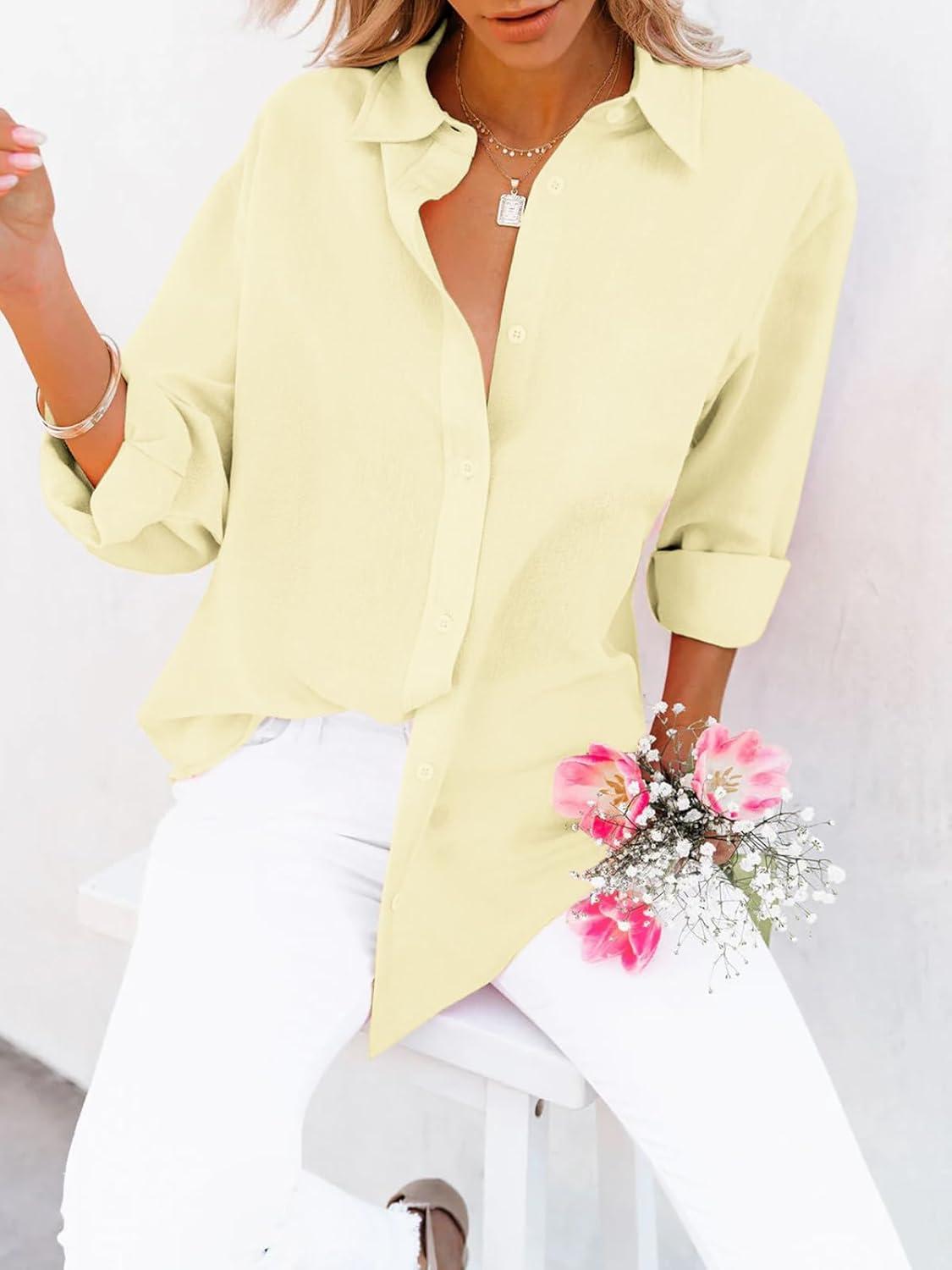 imagesiliteelon Button Down Shirts for Women Dress Shirts Long Sleeve WrinkleFree Blouse Casual Solid Office Work Tunic TopA Oxford Butter Yellow