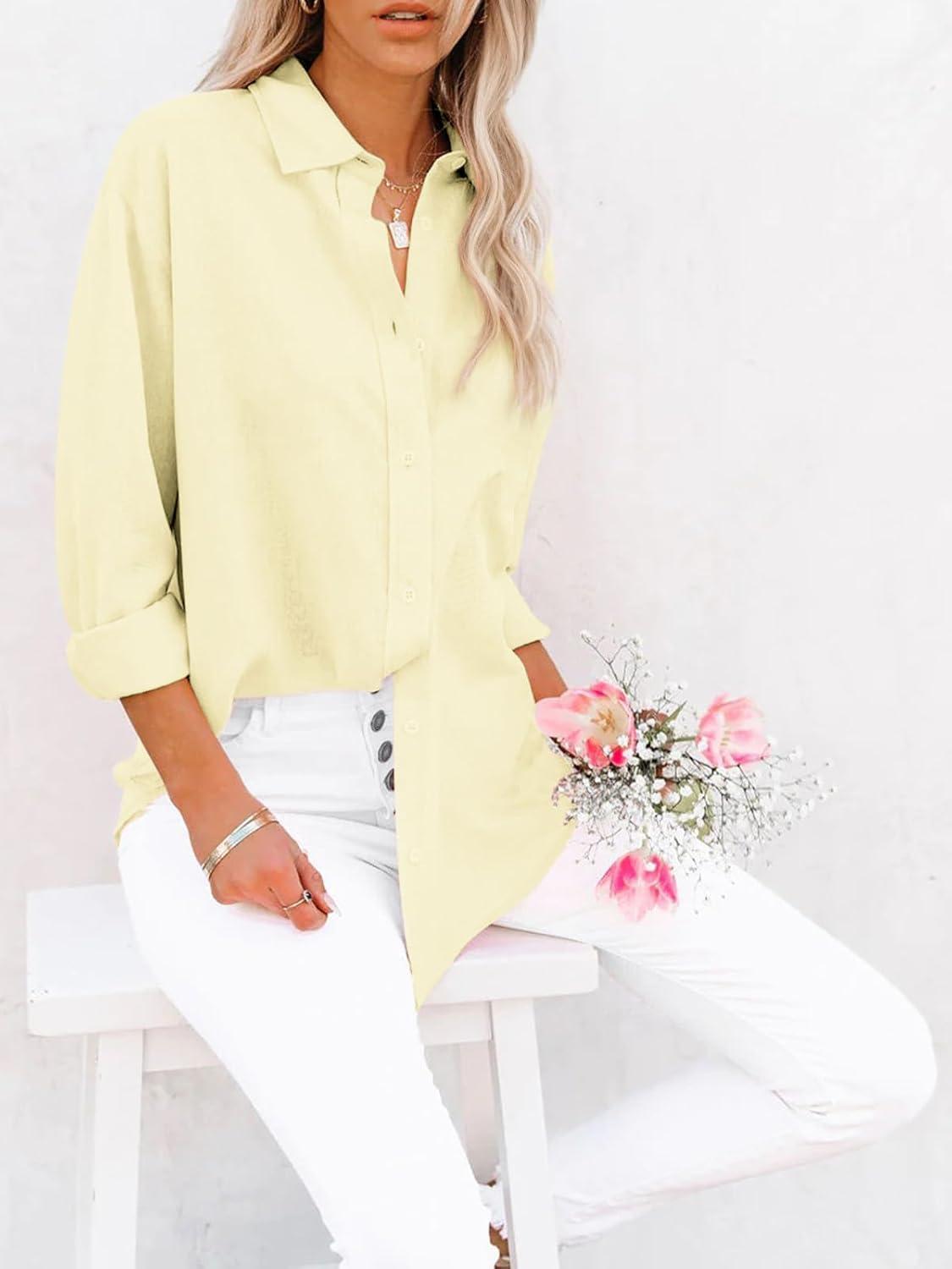 imagesiliteelon Button Down Shirts for Women Dress Shirts Long Sleeve WrinkleFree Blouse Casual Solid Office Work Tunic TopA Oxford Butter Yellow