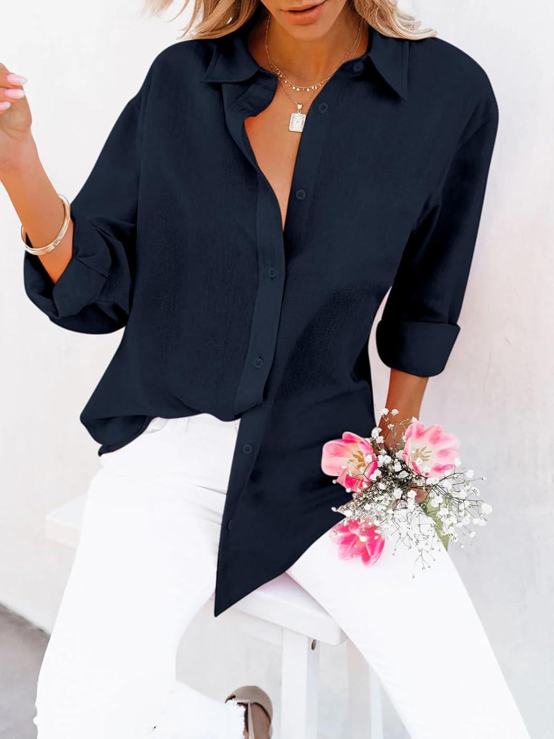 imagesiliteelon Button Down Shirts for Women Dress Shirts Long Sleeve WrinkleFree Blouse Casual Solid Office Work Tunic TopA Oxford Dark Blue