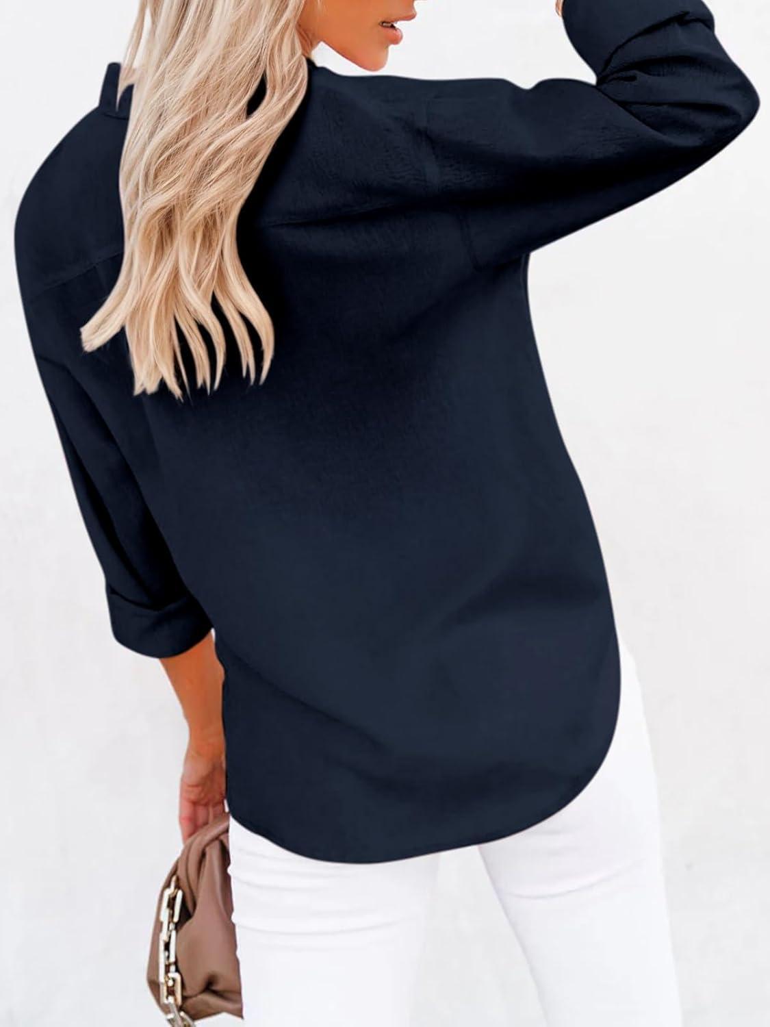 imagesiliteelon Button Down Shirts for Women Dress Shirts Long Sleeve WrinkleFree Blouse Casual Solid Office Work Tunic TopA Oxford Dark Blue