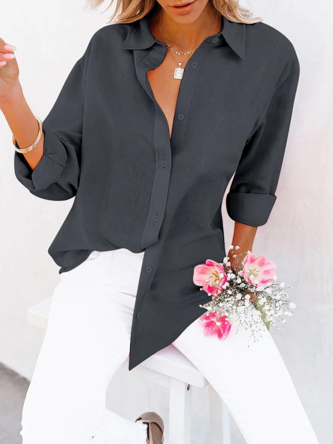 imagesiliteelon Button Down Shirts for Women Dress Shirts Long Sleeve WrinkleFree Blouse Casual Solid Office Work Tunic TopA Oxford Deep Gray