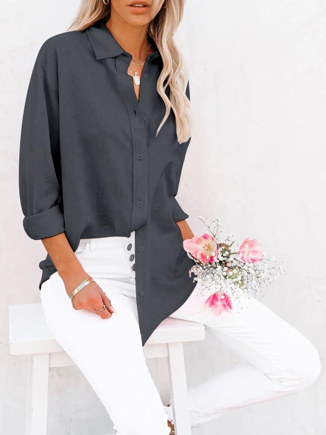 imagesiliteelon Button Down Shirts for Women Dress Shirts Long Sleeve WrinkleFree Blouse Casual Solid Office Work Tunic TopA Oxford Deep Gray