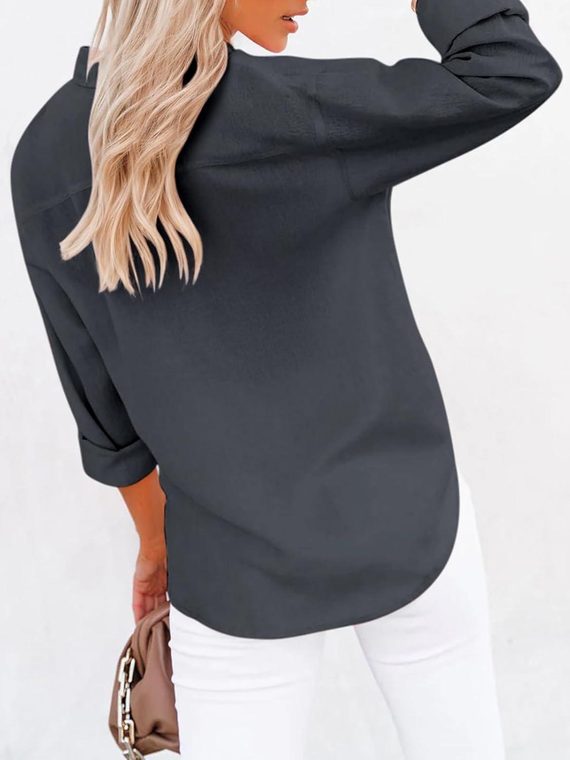 imagesiliteelon Button Down Shirts for Women Dress Shirts Long Sleeve WrinkleFree Blouse Casual Solid Office Work Tunic TopA Oxford Deep Gray