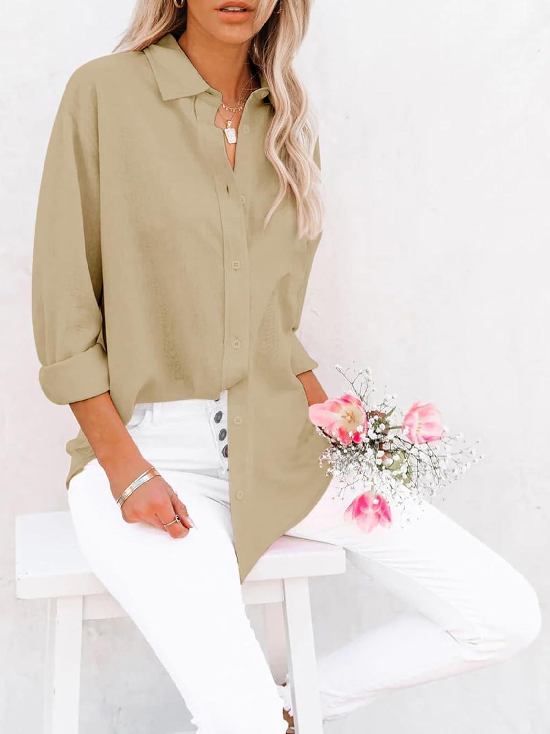 imagesiliteelon Button Down Shirts for Women Dress Shirts Long Sleeve WrinkleFree Blouse Casual Solid Office Work Tunic TopA Oxford Light Khaki