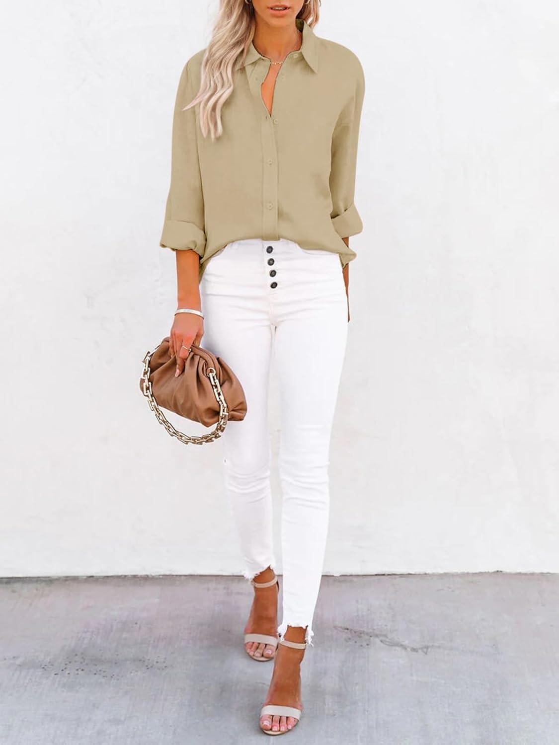 imagesiliteelon Button Down Shirts for Women Dress Shirts Long Sleeve WrinkleFree Blouse Casual Solid Office Work Tunic TopA Oxford Light Khaki