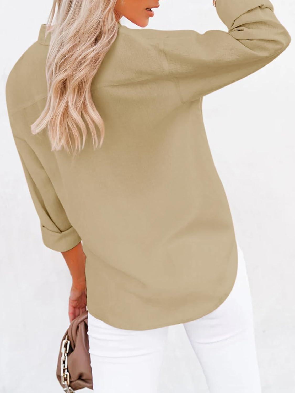 imagesiliteelon Button Down Shirts for Women Dress Shirts Long Sleeve WrinkleFree Blouse Casual Solid Office Work Tunic TopA Oxford Light Khaki