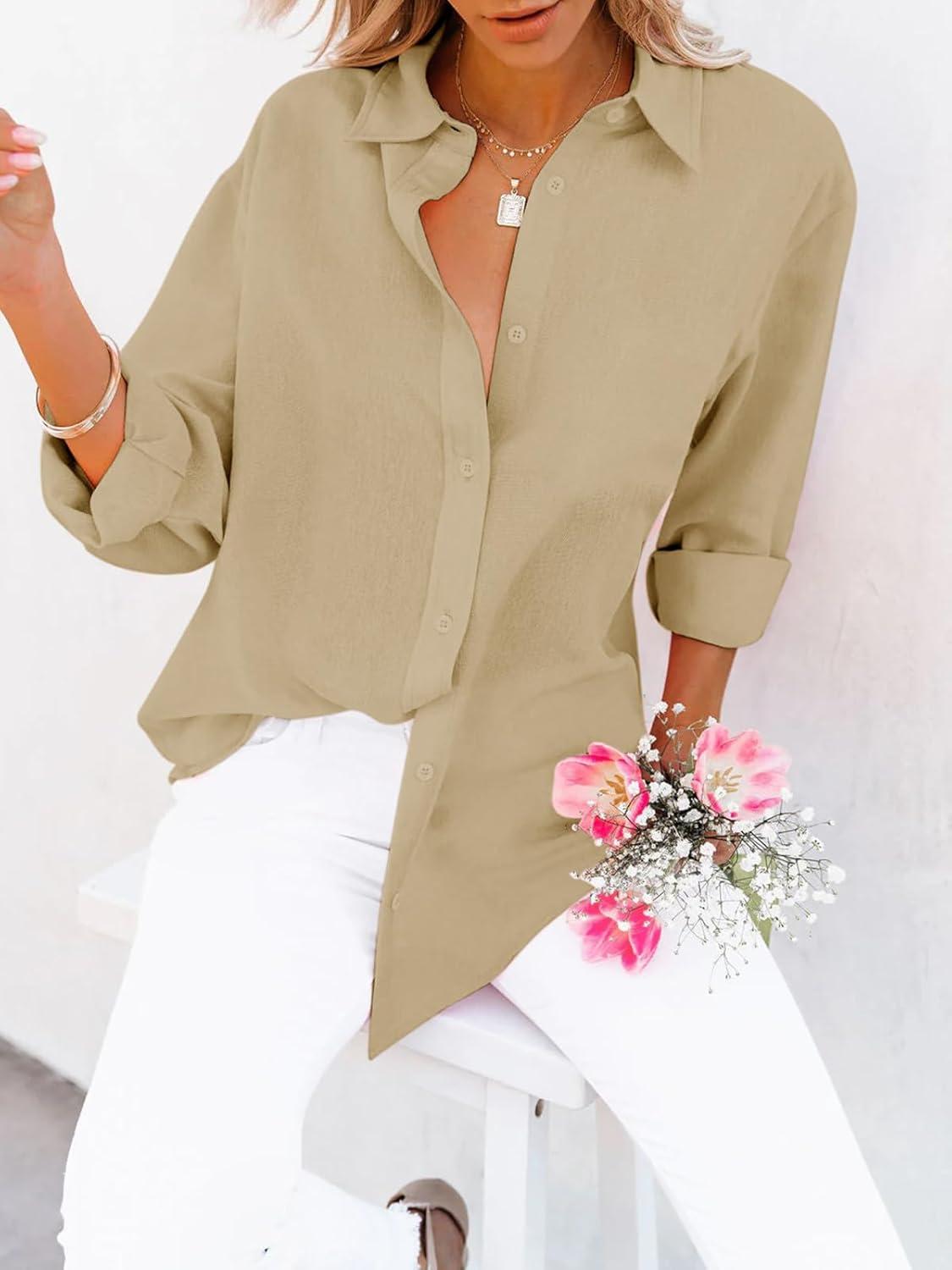 imagesiliteelon Button Down Shirts for Women Dress Shirts Long Sleeve WrinkleFree Blouse Casual Solid Office Work Tunic TopA Oxford Light Khaki