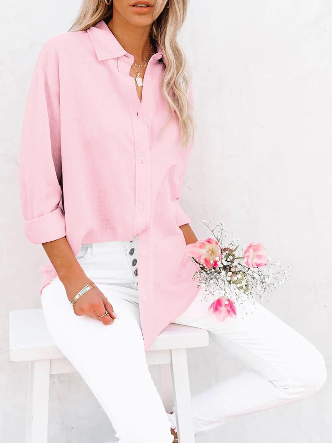 imagesiliteelon Button Down Shirts for Women Dress Shirts Long Sleeve WrinkleFree Blouse Casual Solid Office Work Tunic TopA Oxford Light Pink