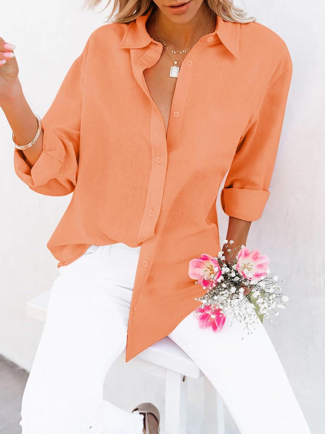 imagesiliteelon Button Down Shirts for Women Dress Shirts Long Sleeve WrinkleFree Blouse Casual Solid Office Work Tunic TopA Oxford Orange