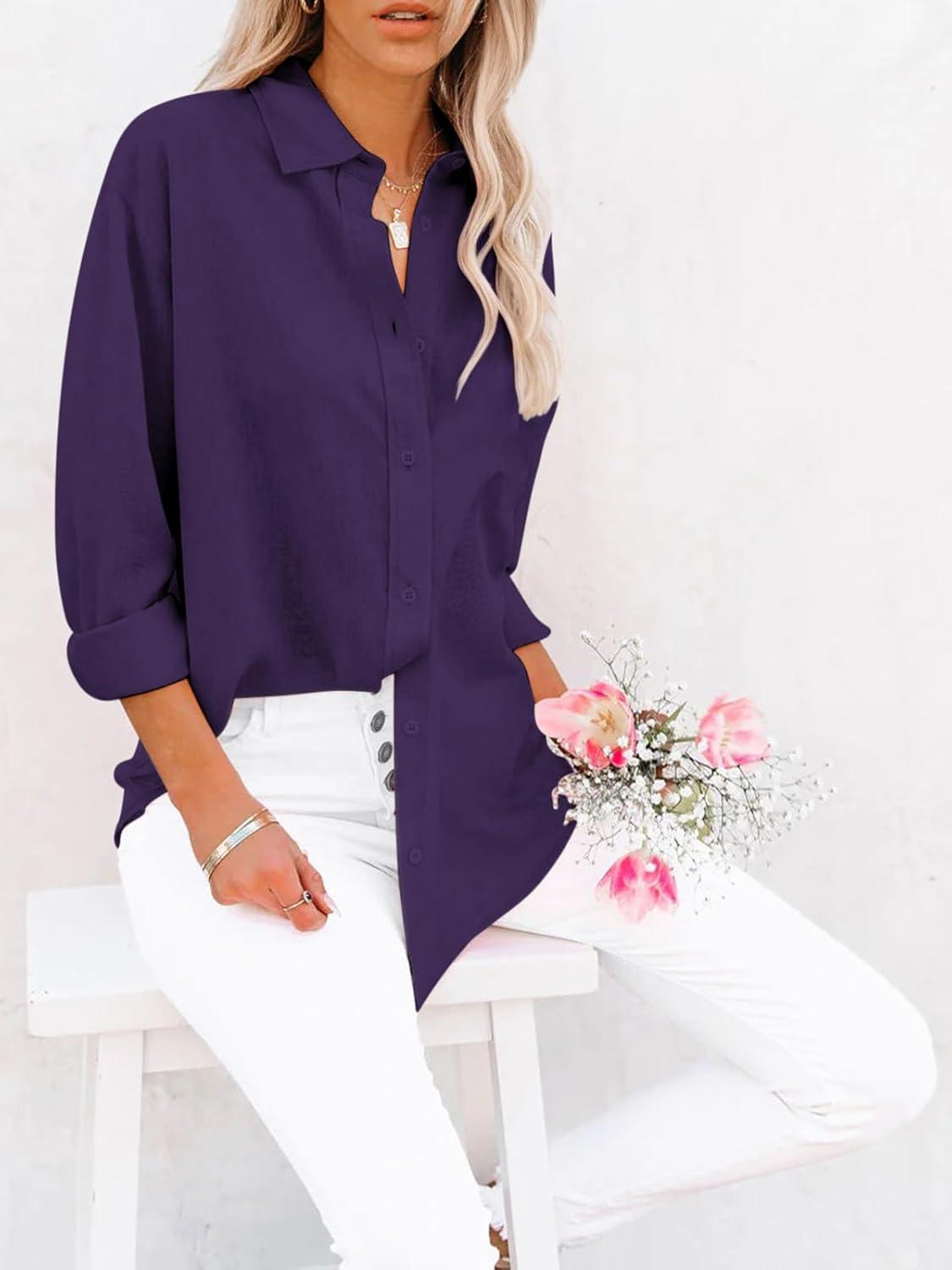 imagesiliteelon Button Down Shirts for Women Dress Shirts Long Sleeve WrinkleFree Blouse Casual Solid Office Work Tunic TopA Oxford Purple