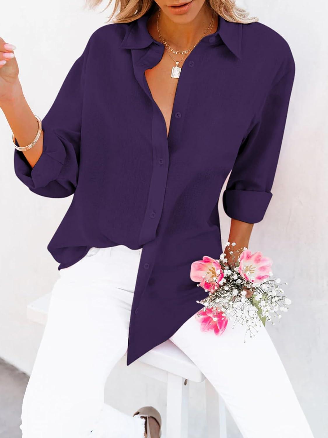 imagesiliteelon Button Down Shirts for Women Dress Shirts Long Sleeve WrinkleFree Blouse Casual Solid Office Work Tunic TopA Oxford Purple