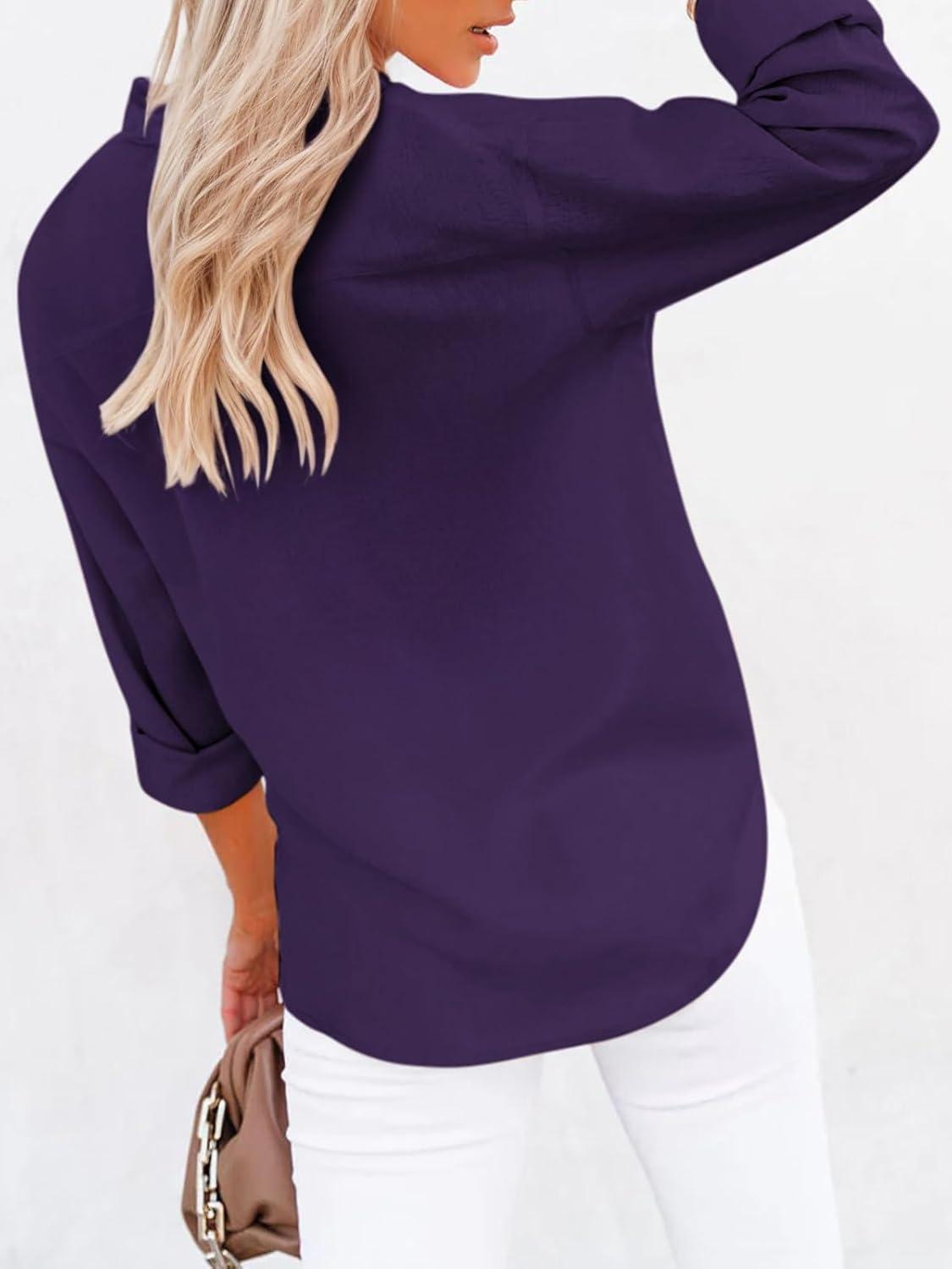 imagesiliteelon Button Down Shirts for Women Dress Shirts Long Sleeve WrinkleFree Blouse Casual Solid Office Work Tunic TopA Oxford Purple