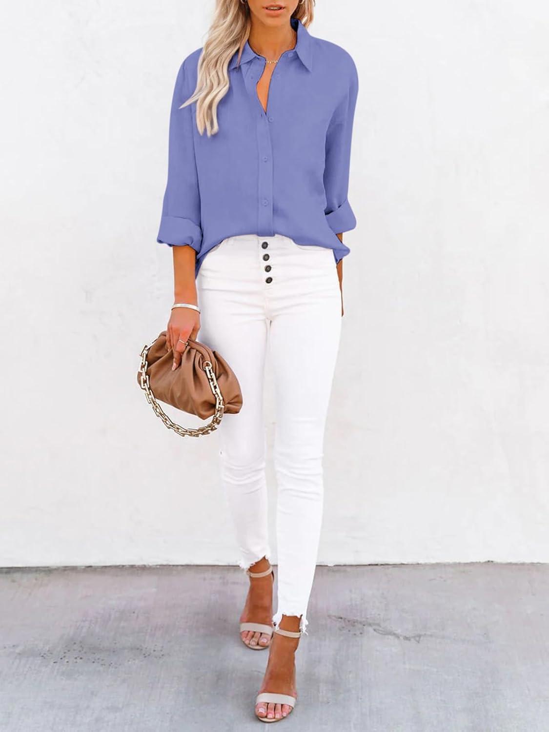 imagesiliteelon Button Down Shirts for Women Dress Shirts Long Sleeve WrinkleFree Blouse Casual Solid Office Work Tunic TopA Oxford Purplish Blue
