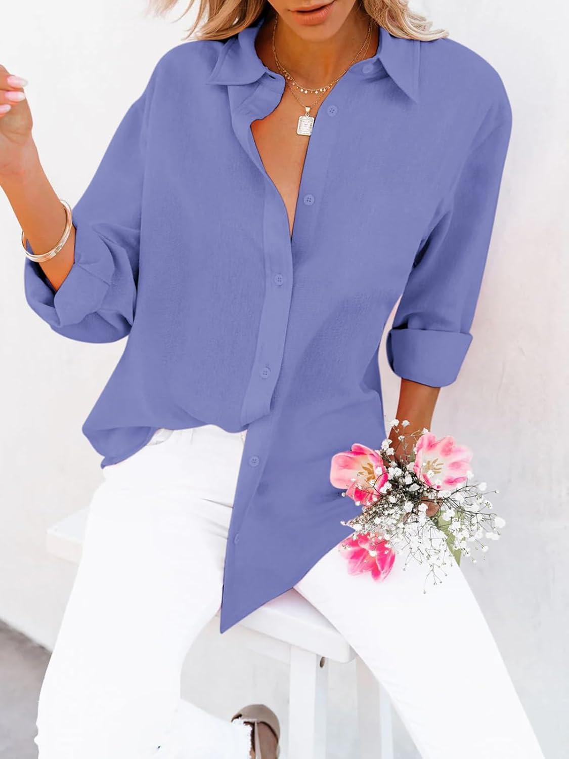 imagesiliteelon Button Down Shirts for Women Dress Shirts Long Sleeve WrinkleFree Blouse Casual Solid Office Work Tunic TopA Oxford Purplish Blue