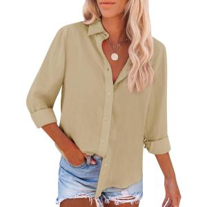 imagesiliteelon Button Down Shirts for Women Dress Shirts Long Sleeve WrinkleFree Blouse Casual Solid Office Work Tunic TopA Oxford Light Khaki