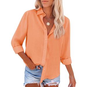 imagesiliteelon Button Down Shirts for Women Dress Shirts Long Sleeve WrinkleFree Blouse Casual Solid Office Work Tunic TopA Oxford Orange