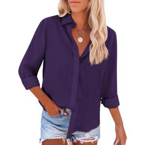 imagesiliteelon Button Down Shirts for Women Dress Shirts Long Sleeve WrinkleFree Blouse Casual Solid Office Work Tunic TopA Oxford Purple