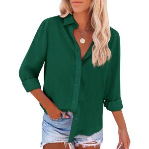 imagesiliteelon Button Down Shirts for Women Dress Shirts Long Sleeve WrinkleFree Blouse Casual Solid Office Work Tunic TopDark Green