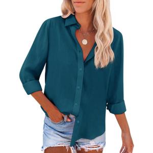 imagesiliteelon Button Down Shirts for Women Dress Shirts Long Sleeve WrinkleFree Blouse Casual Solid Office Work Tunic TopHblue02