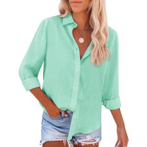 imagesiliteelon Button Down Shirts for Women Dress Shirts Long Sleeve WrinkleFree Blouse Casual Solid Office Work Tunic TopMint