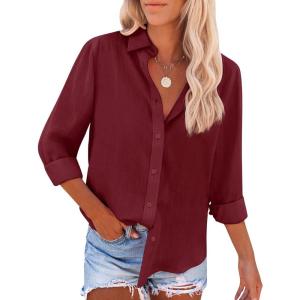 imagesiliteelon Button Down Shirts for Women Dress Shirts Long Sleeve WrinkleFree Blouse Casual Solid Office Work Tunic TopRed