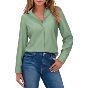 imagesiliteelon Button Down Shirts for Women Wrinkle Resistance Dress Shirts for Women Long Sleeve Work Formal Office Blouses TopsGreen