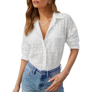 imagesiliteelon Womens Lace Shirts Dressy Button Down Shirts Embroidered Blouses Cotton Eyelet Long Sleeve Collared TopsA White