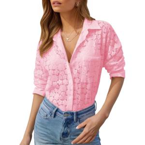 imagesiliteelon Womens Lace Shirts Dressy Button Down Shirts Embroidered Blouses Cotton Eyelet Long Sleeve Collared TopsAll Pink