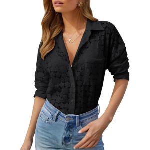 imagesiliteelon Womens Lace Shirts Dressy Button Down Shirts Embroidered Blouses Cotton Eyelet Long Sleeve Collared TopsBlack