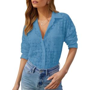 imagesiliteelon Womens Lace Shirts Dressy Button Down Shirts Embroidered Blouses Cotton Eyelet Long Sleeve Collared TopsBlue