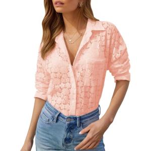 imagesiliteelon Womens Lace Shirts Dressy Button Down Shirts Embroidered Blouses Cotton Eyelet Long Sleeve Collared TopsLight Pink