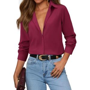 imagesiliteelon Button Down Shirts for Women Dress Shirt Cotton Long Sleeve Collared Shirt Business Work Office Blouse TopBurgundy