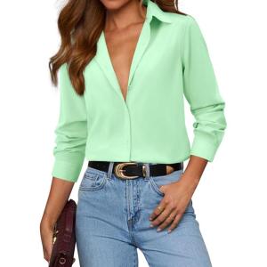imagesiliteelon Button Down Shirts for Women Dress Shirt Cotton Long Sleeve Collared Shirt Business Work Office Blouse TopMint Green