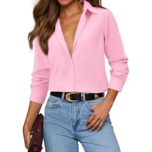 imagesiliteelon Button Down Shirts for Women Dress Shirt Cotton Long Sleeve Collared Shirt Business Work Office Blouse TopPink
