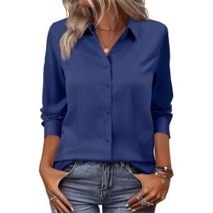 imagesiliteelon Women Button Down Shirts Dress Shirts Long Sleeve ClassicFit CottonNavy Blue