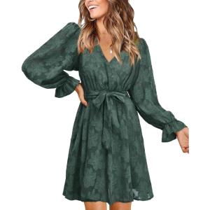 imageII ININ Womens Wedding Guest Dresses Long Sleeve Cocktail Dress Wrap V Neck Lace Tie Waist Mini Party DressDark Green
