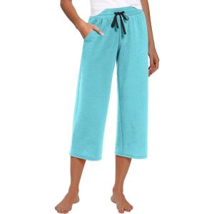 imageRESHE Womens Capri Yoga Pants Loose Soft Drawstring Workout Sweatpants Causal Lounge Pants with PocketsBlue01