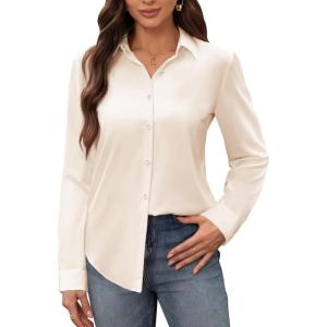 image:imagesiliteelon Womens Stain Shield Dress Shirts Wrinkle Free Long Sleeve Shirts Solid Work Business Button Down ShirtsBeige