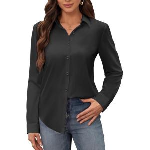 image:imagesiliteelon Womens Stain Shield Dress Shirts Wrinkle Free Long Sleeve Shirts Solid Work Business Button Down ShirtsBlack