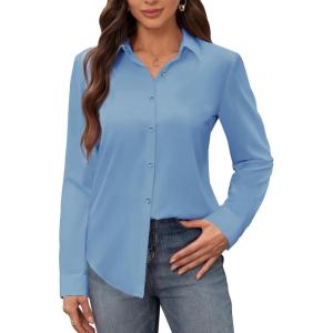 image:imagesiliteelon Womens Stain Shield Dress Shirts Wrinkle Free Long Sleeve Shirts Solid Work Business Button Down ShirtsBlue