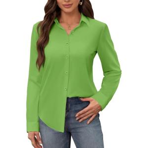 image:imagesiliteelon Womens Stain Shield Dress Shirts Wrinkle Free Long Sleeve Shirts Solid Work Business Button Down ShirtsBud Green