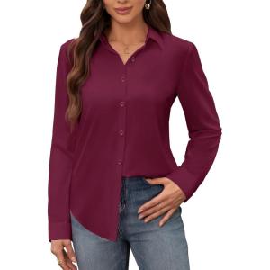 image:imagesiliteelon Womens Stain Shield Dress Shirts Wrinkle Free Long Sleeve Shirts Solid Work Business Button Down ShirtsBurgundy