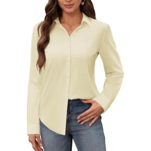 image:imagesiliteelon Womens Stain Shield Dress Shirts Wrinkle Free Long Sleeve Shirts Solid Work Business Button Down ShirtsCream Yellow