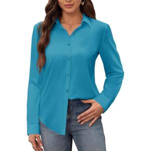 image:imagesiliteelon Womens Stain Shield Dress Shirts Wrinkle Free Long Sleeve Shirts Solid Work Business Button Down ShirtsCyan Blue