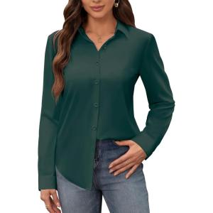 image:imagesiliteelon Womens Stain Shield Dress Shirts Wrinkle Free Long Sleeve Shirts Solid Work Business Button Down ShirtsDark Green