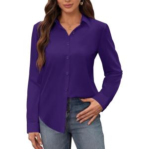 image:imagesiliteelon Womens Stain Shield Dress Shirts Wrinkle Free Long Sleeve Shirts Solid Work Business Button Down ShirtsDark Purple